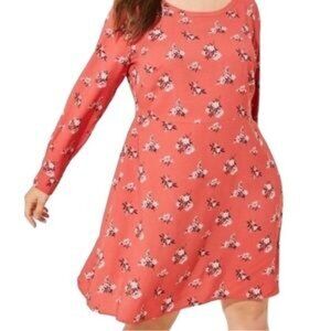 Loft Plus Deep Coral Floral Print Waisted Long Sleeve Aline Dress Size: 22